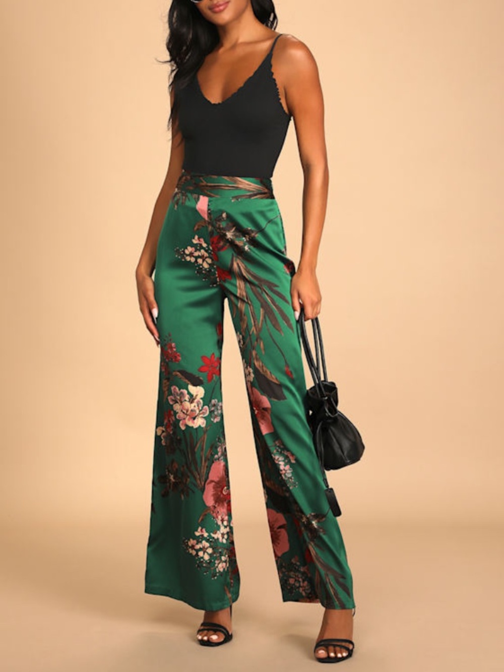 Lulus Thriving Vibes Green Floral Print Satin Wide-leg Pants - Size XL